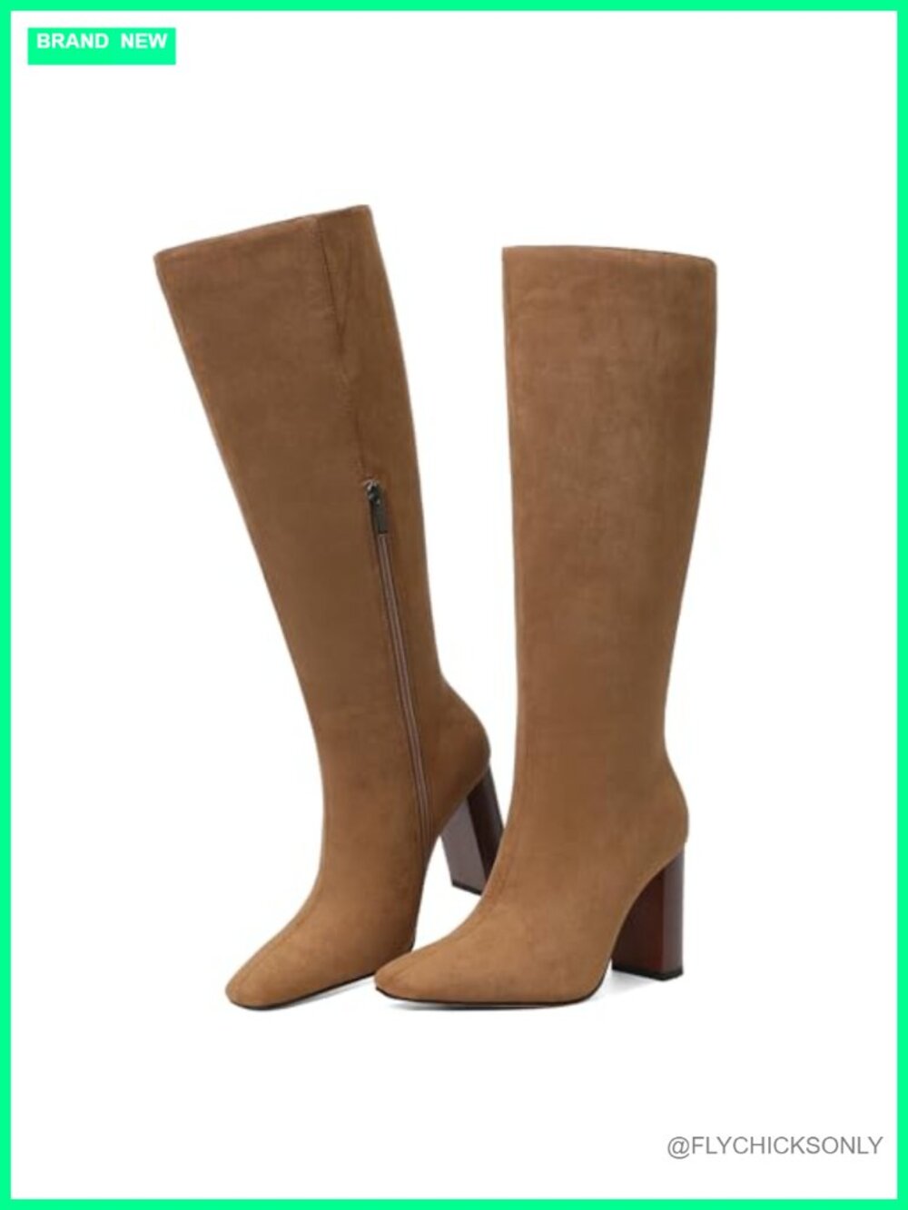 Wide Calf Knee High Boots Square Toe Chunky Block Heel Side Zip